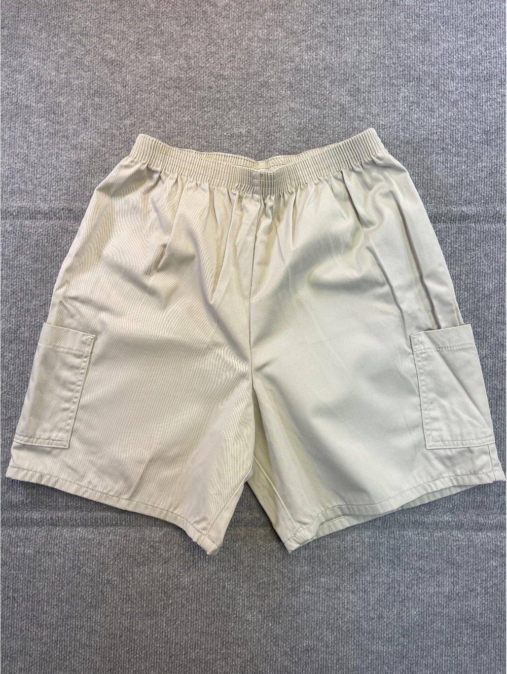 Vintage Mens Tan Khaki Elastic Waist Cargo Shorts Side Pockets Casual Beige